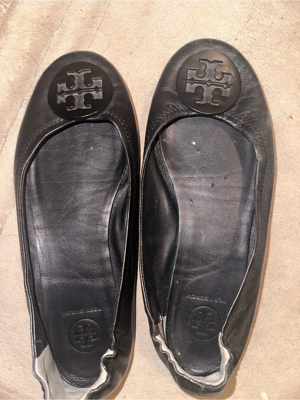 Tory Burch Black Leather Logo Ballet Flats